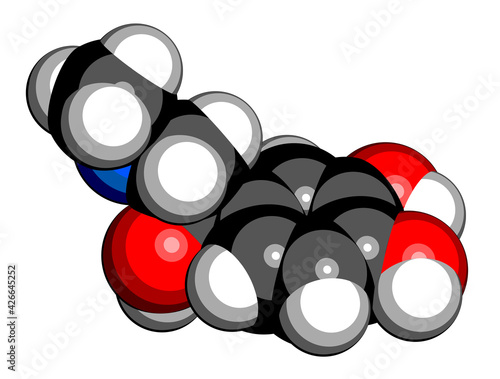 Adrenaline (adrenalin, epinephrine) neurotransmitter molecule. Used as drug in treatment of anaphylaxis 3D rendering. Atoms are represented as spheres with conventional color coding