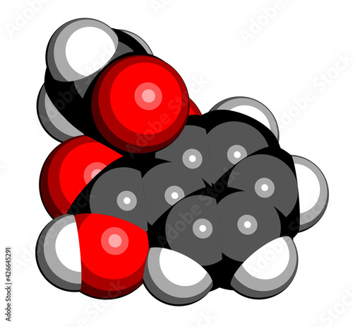 Acetylsalicylic acid (aspirin) drug molecule. 3D rendering. Atoms are represented as spheres with conventional color coding: hydrogen (white), carbon (black), oxygen (red).