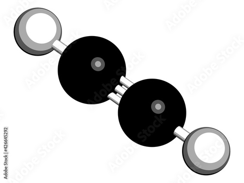 Acetylene (ethyne) molecule. Used in oxy-acetylene welding. 3D rendering. Atoms are represented as spheres with conventional color coding: hydrogen (white), carbon (black).