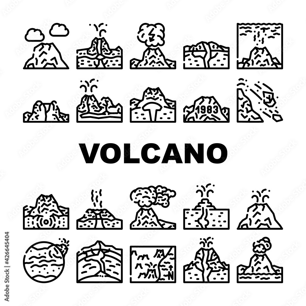 Volcano Lava Eruption Collection Icons Set Vector. Volcano Under Water And Stratovolcano Mountain, Volcanic Bomb, Magma, Dirty Thunderstorm And Mud Black Contour Illustrations