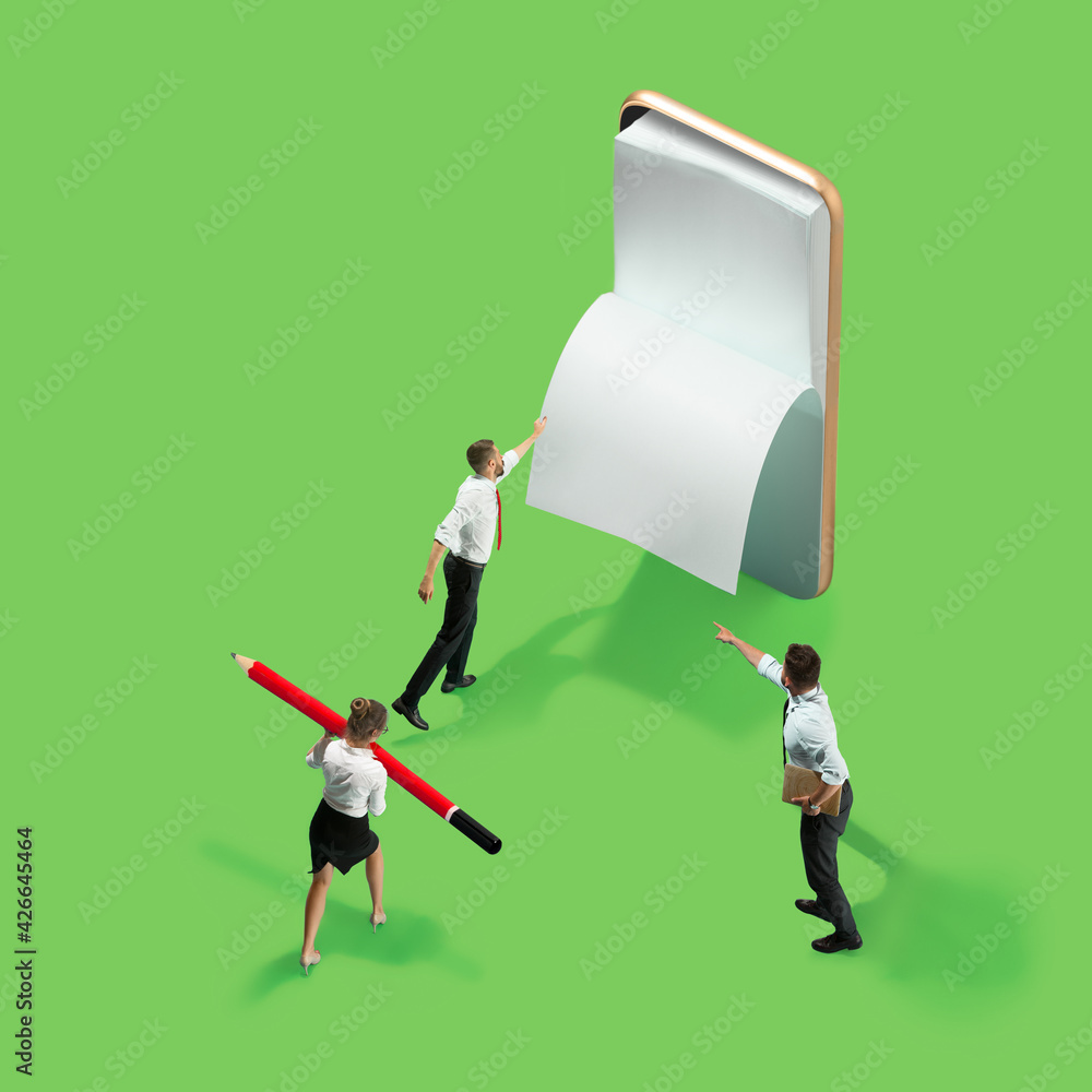 Obraz premium High angle view of creative modern office on green background - big things and little workers. Office working, daily task, typical problems and lifestyle concept. Collage.