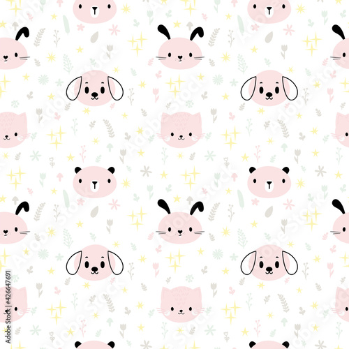 Childish seamless pattern with cute smiley animals. Creative baby texture for fabric, nursery, textile, clothes. Pastel background