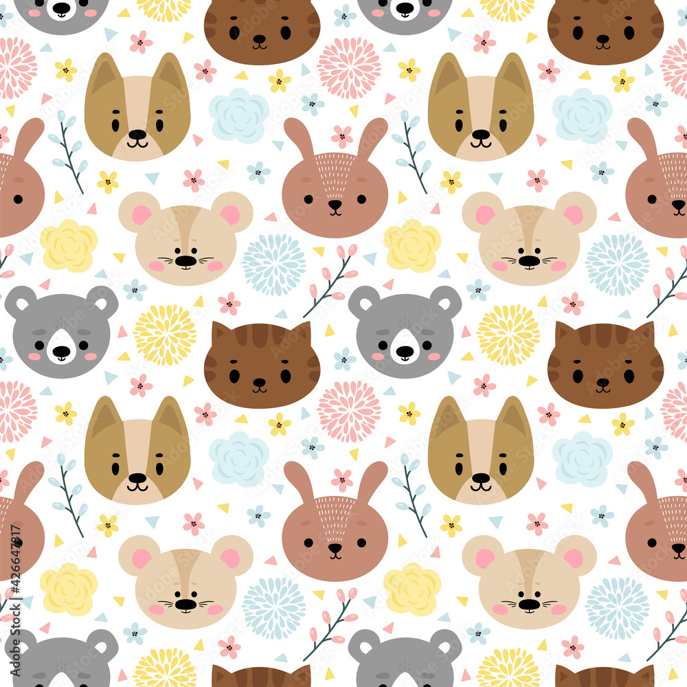 Childish seamless pattern with cute smiley animals. Creative baby texture for nursery, fabric, textile, clothes. Floral background