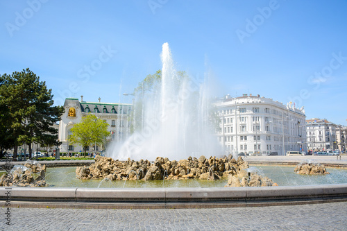 Vienna, Austria - July 25, 2019: Fountain near Soviet war memorial
