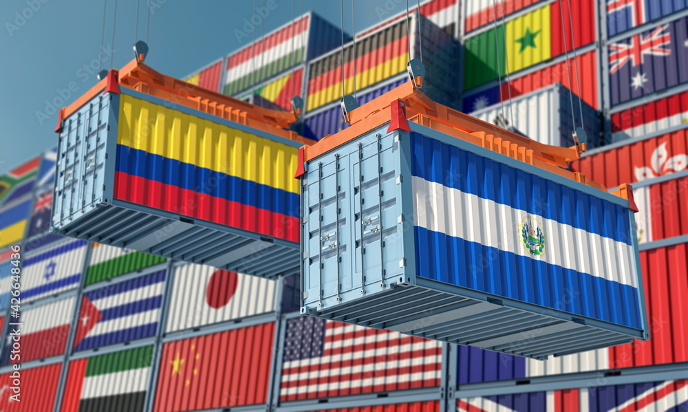 Freight containers with Colombia and El Salvador national flags. 3D Rendering 