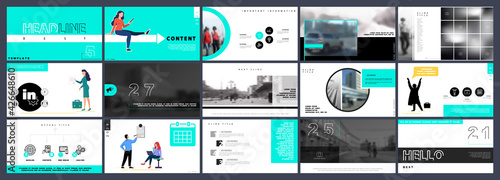Business presentation, powerpoint infographic design template, turquoise elements, white background, set. Team of people creates a business, teamwork. Financial work, businessman. Use of flyers, SEO
