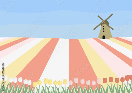 Concept vector illustration with Dutch tulip fields and a mill.
