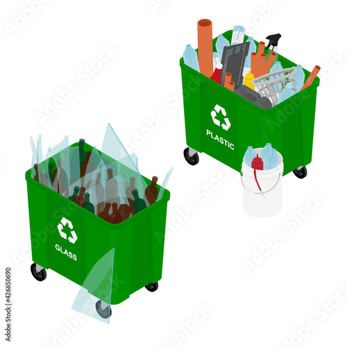 Garbage cans full of sorted garbage vector icons