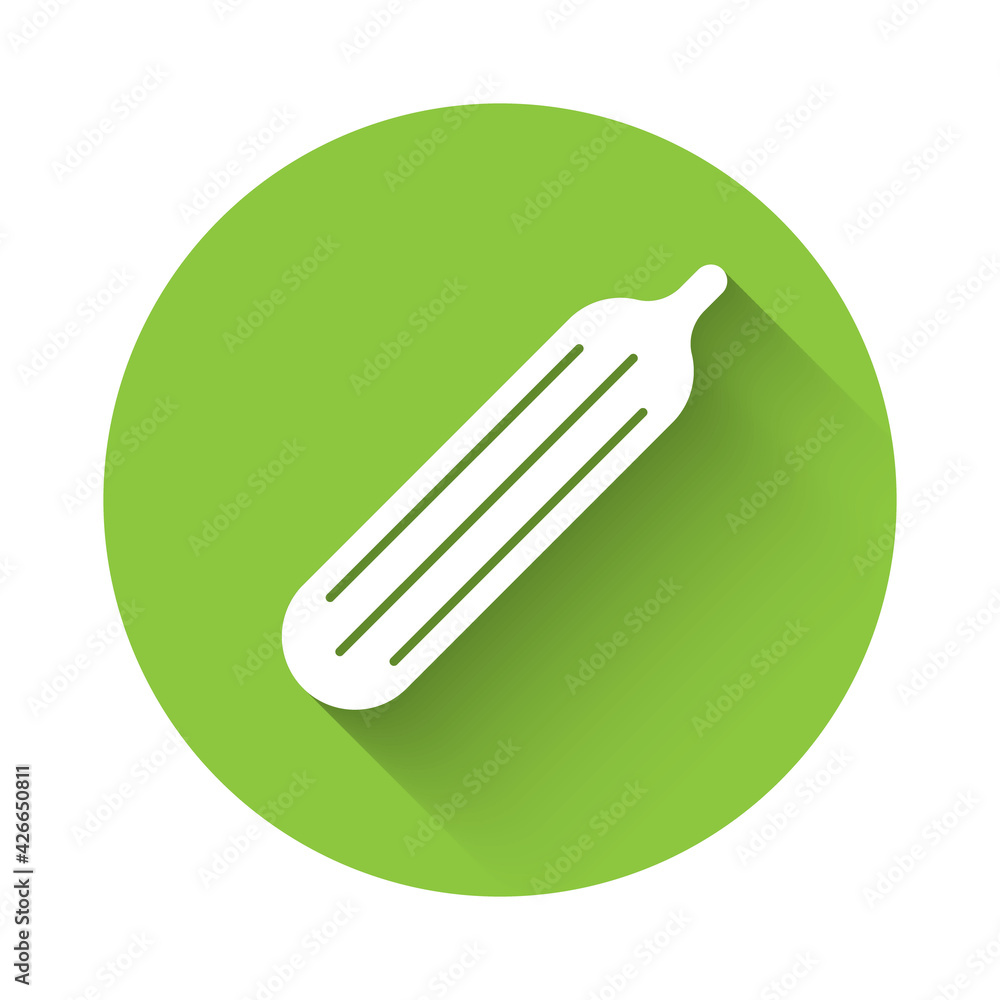 White Fresh cucumber icon isolated with long shadow. Green circle button. Vector White Fresh cucumber icon isolated with long shadow. Green circle button. Vector