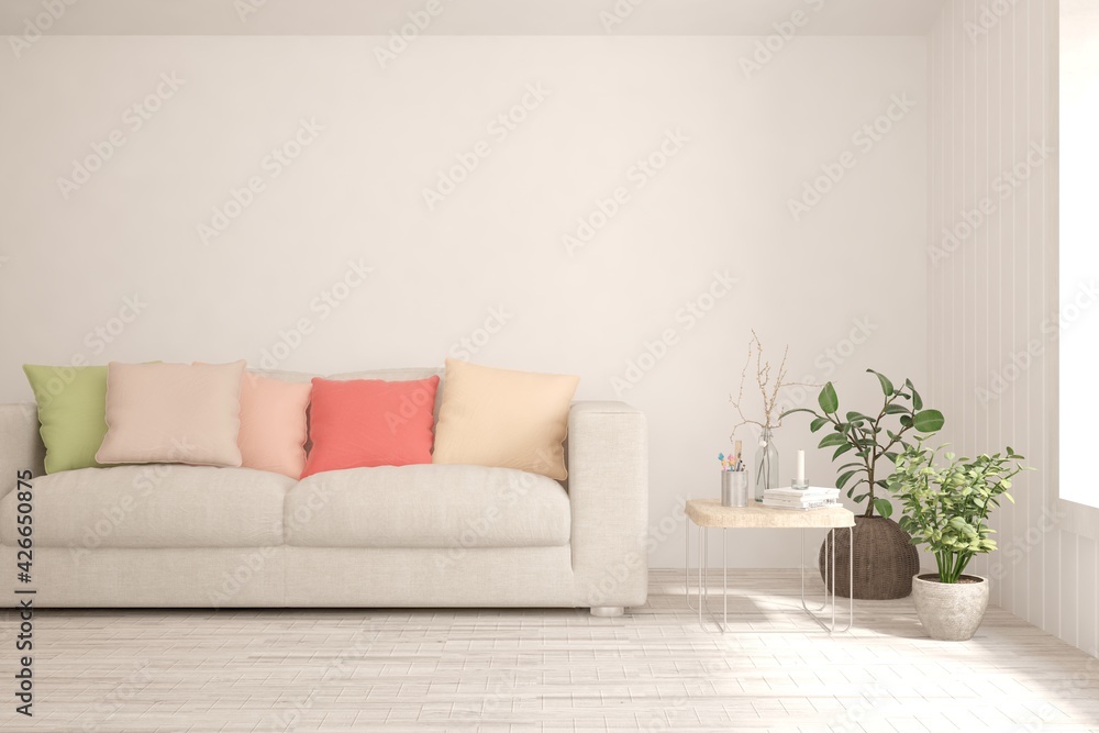 Fototapeta premium White living room with sofa. Scandinavian interior design. 3D illustration