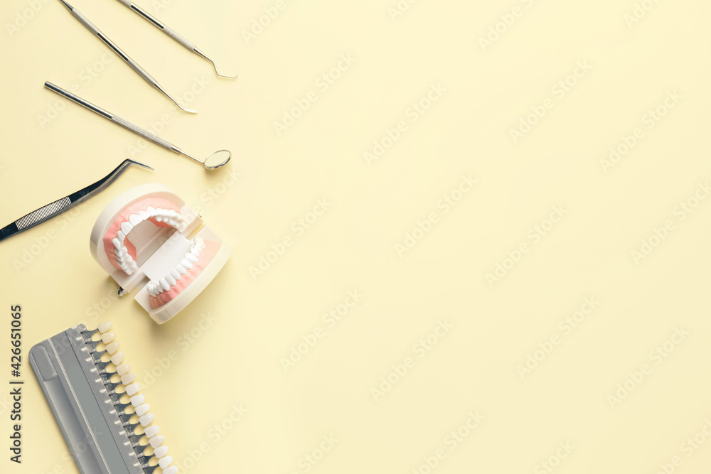 Fototapeta premium Dentist's tools, jaw model and teeth samples on color background