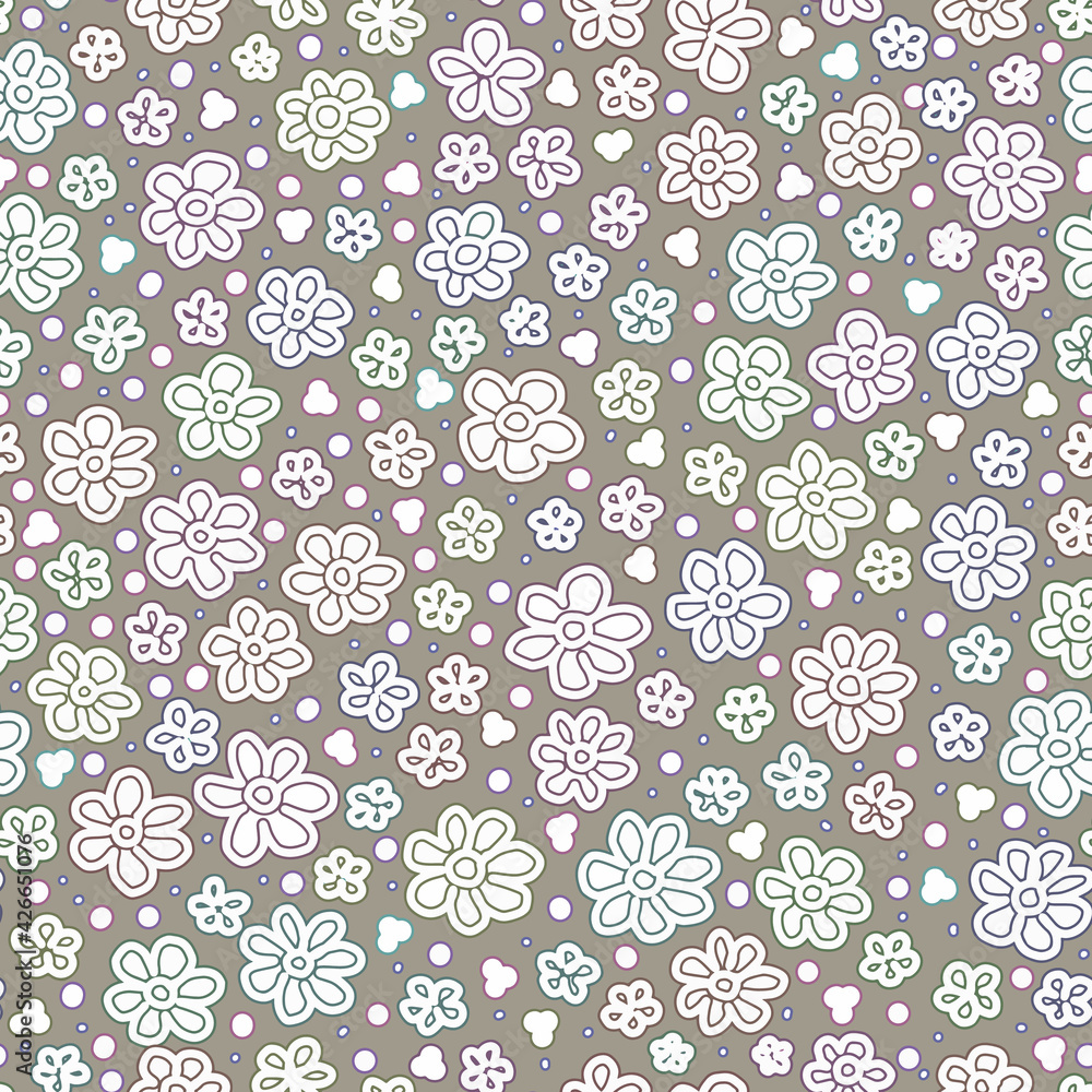 seamless repeat, ditsy floral pattern with abstract flowers in rainbow colours on a beige background, perfect for fabric, textiles, wallpaper. Isolated vector illustration