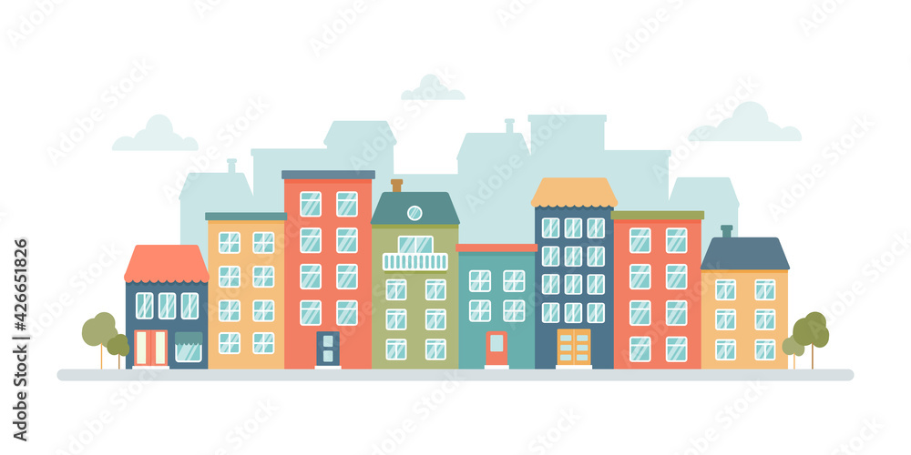 Panorama of the city with colored multi-storey houses on a white background. Vector flat illustration in cartoon style