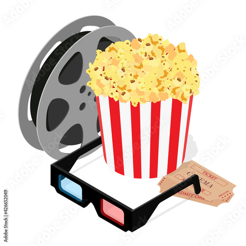 Online cinema art movie watching with popcorn, 3d glasses and film-strip cinematography concept.