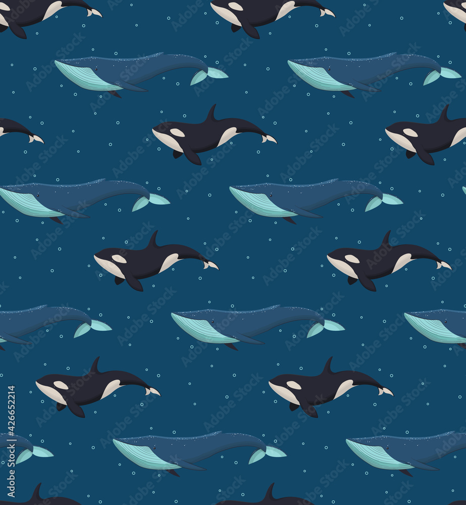 Seamless vector pattern with blue whales and killer whales to dark blue background for wallpaper, web page background, surface textures. Seamless vector pattern with blue whales and killer whales to dark blue background for wallpaper, web page background, surface textures.