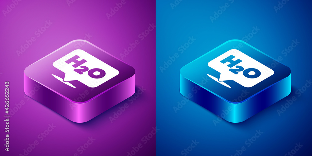Isometric Chemical formula for water drops H2O shaped icon isolated on blue and purple background. Square button. Vector Isometric Chemical formula for water drops H2O shaped icon isolated on blue and purple background. Square button. Vector