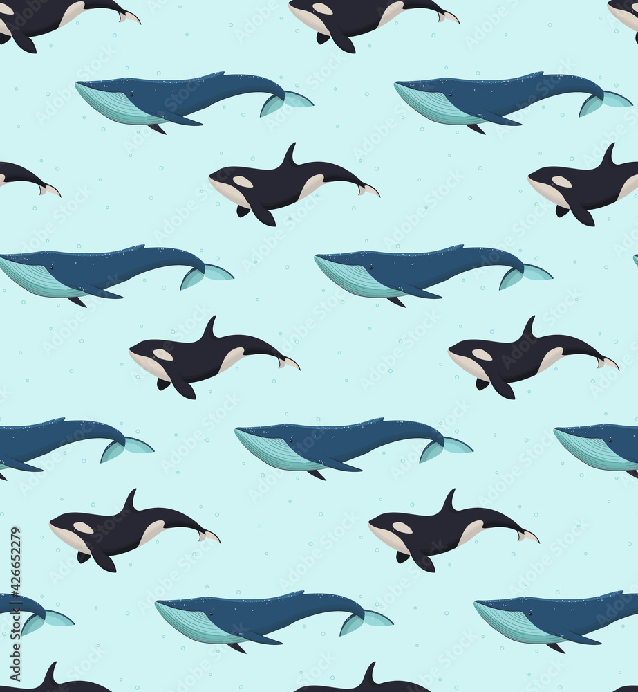 Seamless vector pattern with blue whales and killer whales to light blue background for wallpaper, web page background, surface textures. Seamless vector pattern with blue whales and killer whales to light blue background for wallpaper, web page background, surface textures.
