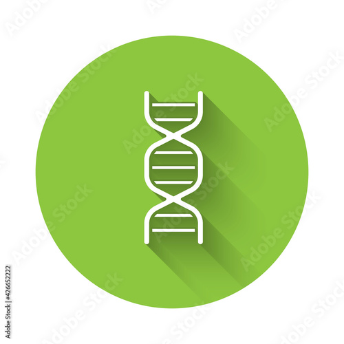 White DNA symbol icon isolated with long shadow. Green circle button. Vector
