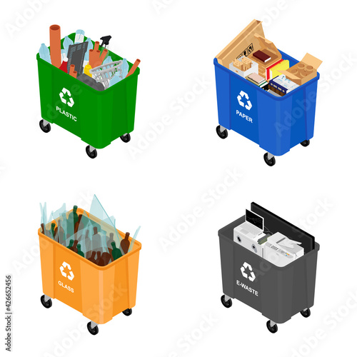 Garbage cans full of sorted garbage vector icons. Recycling garbage separation collection.