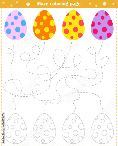  Logic game for children. Go through the maze and paint the eggs according to the pattern