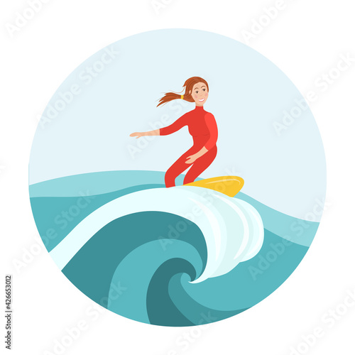 Woman in swimwear surfing in sea or ocean. Summer sport. Colorful flat cartoon vector illustration © Hanna