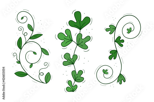 A set of three climbing green plants. Colored isolated doodle objects on a white.