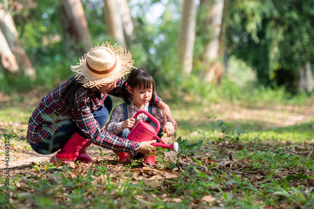 Asia family mom and kid daughter plant sapling tree outdoors in nature spring for reduce global warming growth feature and take care nature earth. Environment Concept Asia family mom and kid daughter plant sapling tree outdoors in nature spring for reduce global warming growth feature and take care nature earth. Environment Concept