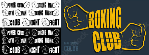 Volumetric letters with name BOXING, strong, fight, power, gym, night on background of hand clenched into fist. Element for print and design of sports competitions. Isolated vector