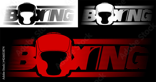 BOXING emblem. Inscription with name of sport game BOXING from lines with letter O in form of protective sport helmet. Design element, print for clothes. Vector