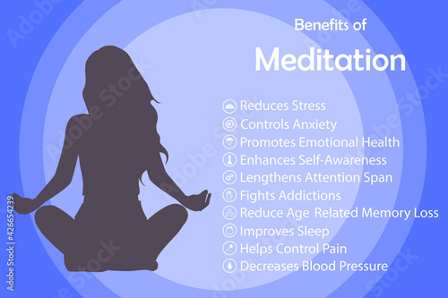 Meditation health benefits for body, mind and emotions, vector infographic with icons set