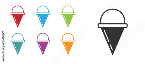 Black Fire cone bucket icon isolated on white background. Metal cone bucket empty or with water for fire fighting. Set icons colorful. Vector