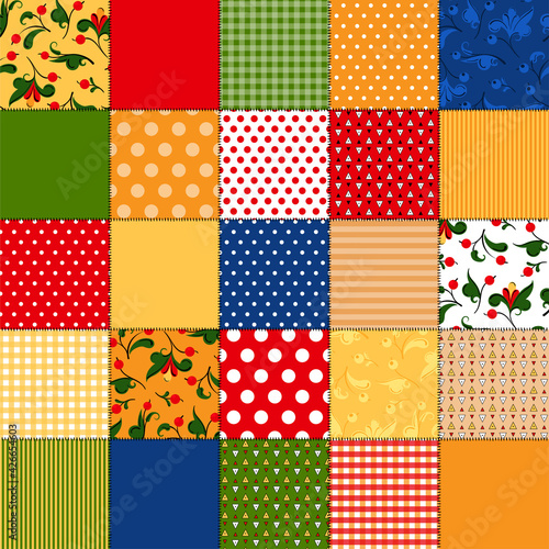 Russian traditional patchwork quilt made of colorful squares with patterns. Vector stock hand-drawn illustration