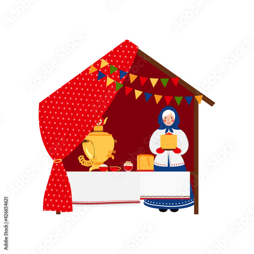 Carnival tent with traditional Russian treats. The concept of celebrating Maslenitsa. Vector stock hand drawn illustration isolated on white background