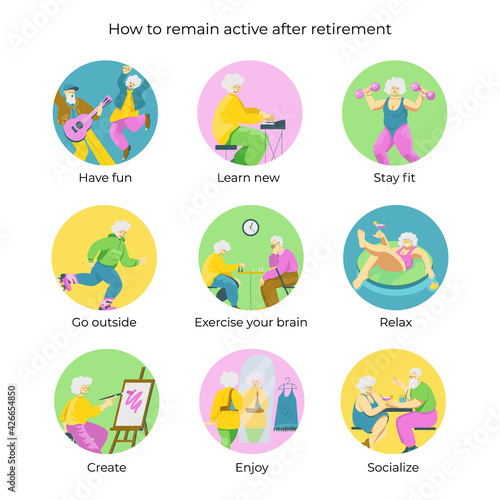 Set of isolated vector images in circles in vivid colors. Tips to help maintain social activity after retirement and prevent physical ageing. Elderly people staying active and fit. Modern pensioners.