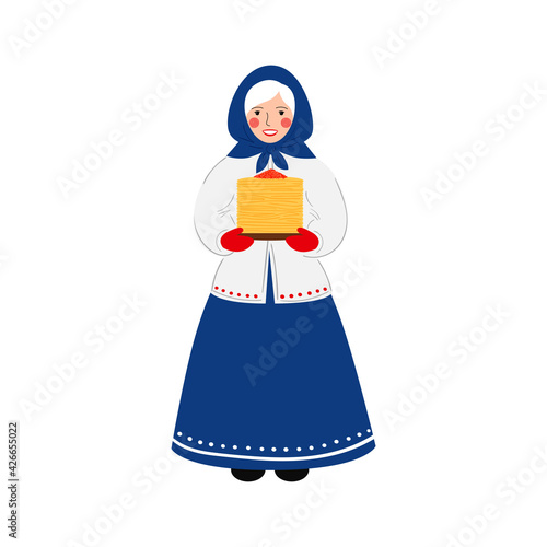 Russian woman with pancakes in her hands. The concept of celebrating Maslenitsa. Vector stock hand drawn illustration isolated on a white background