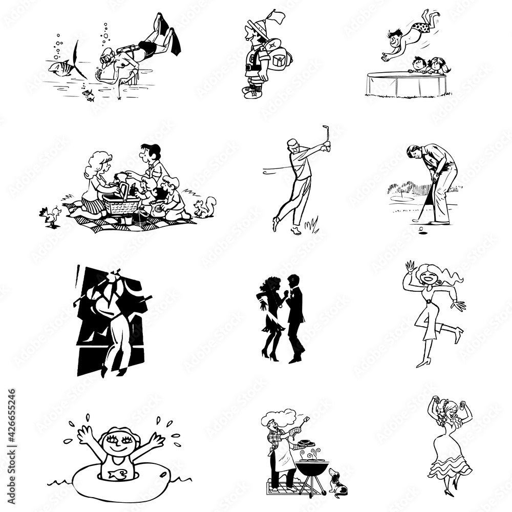 Various Kind of Moment People Like as playing,  Eating, Walking, Running, Golfing,  Playing etc line vector art illustration isolated on White Background.