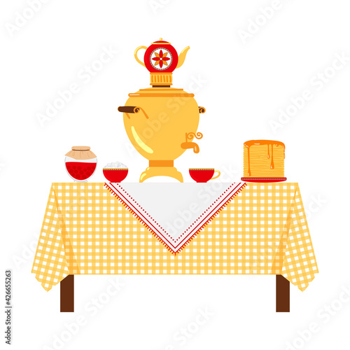 Russian tea party. Samovar and tea set with Russian folk pattern. Pancakes with jam or caramel. The concept of celebrating Maslenitsa. Vector stock hand drawn illustration isolated on white background
