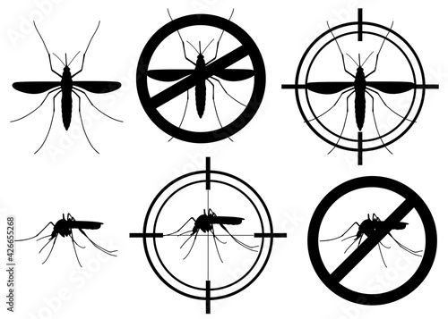Group of warning prohibited mosquitoes sign and target isolated on white