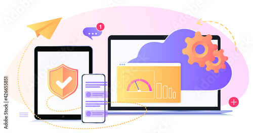 Cloud storage, data protection, data exchange, information transfer. Speed, work setting. Digital workplace software, remote coworking, unread notifications. Sharing, co-editing files. Buttons, icons.