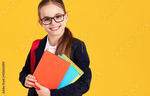 Cheerful schoolgirl smiling with textbook