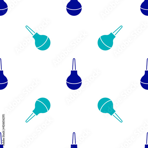 Blue Enema icon isolated seamless pattern on white background. Enema with a plastic tip. Medical pear. Vector