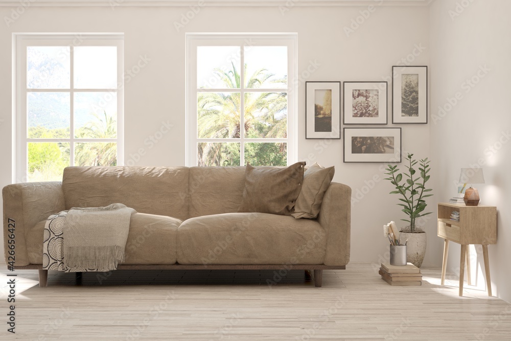 White living room with sofa and summer landscape in window. Scandinavian interior design. 3D illustration White living room with sofa and summer landscape in window. Scandinavian interior design. 3D illustration