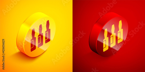 Isometric Medical vial, ampoule, bottle icon isolated on orange and red background. Vaccination, injection, vaccine healthcare concept. Circle button. Vector