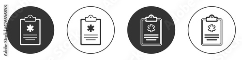 Black Medical clipboard with clinical record icon isolated on white background. Health insurance form. Prescription, medical check marks report. Circle button. Vector