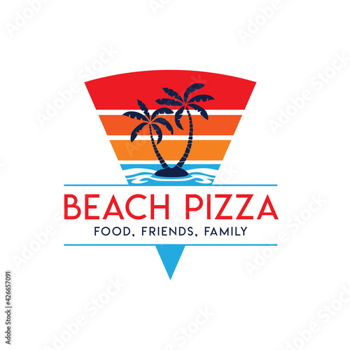 Pizza logo with sunset beach view, perfect tshirt, sticker design, also for pizza restaurant logo