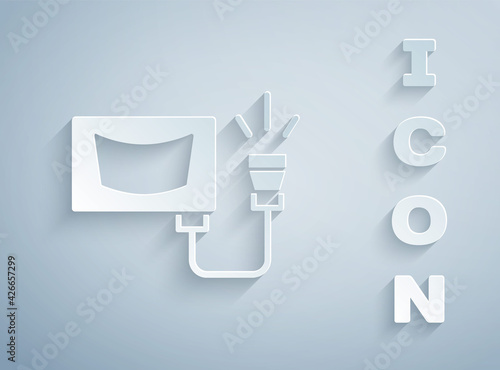 Paper cut Ultrasound icon isolated on grey background. Medical equipment. Paper art style. Vector