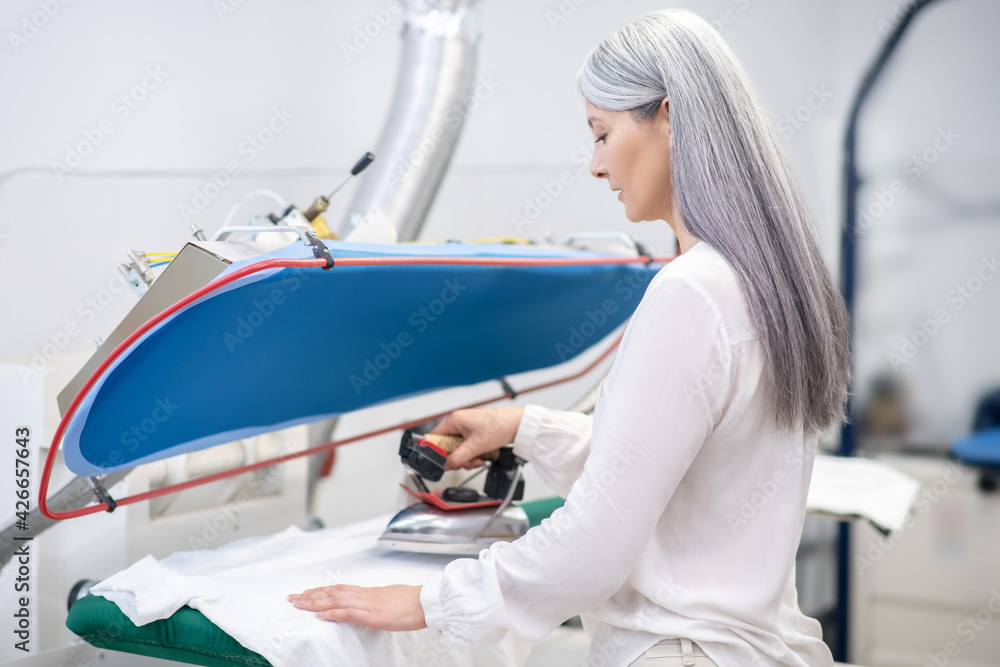 Obraz premium Profile of woman ironing clothes in dry cleaning