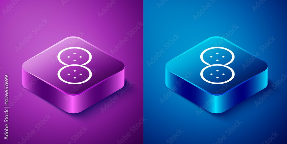 Isometric Sewing button for clothes icon isolated on blue and purple background. Clothing button. Square button. Vector Isometric Sewing button for clothes icon isolated on blue and purple background. Clothing button. Square button. Vector