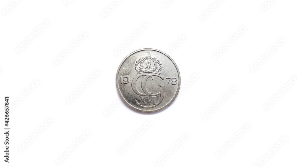 1978 Swedish 50 Sverige Ore Coin Front Side Isolated on White Background 1978 Swedish 50 Sverige Ore Coin Front Side Isolated on White Background