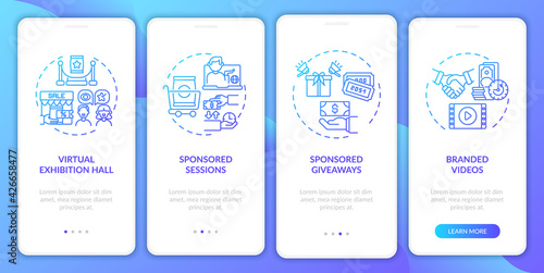Sponsorship distant events onboarding mobile app page screen with concepts. Branded video, rewards walkthrough 4 steps graphic instructions. UI, UX, GUI vector template with linear color illustrations
